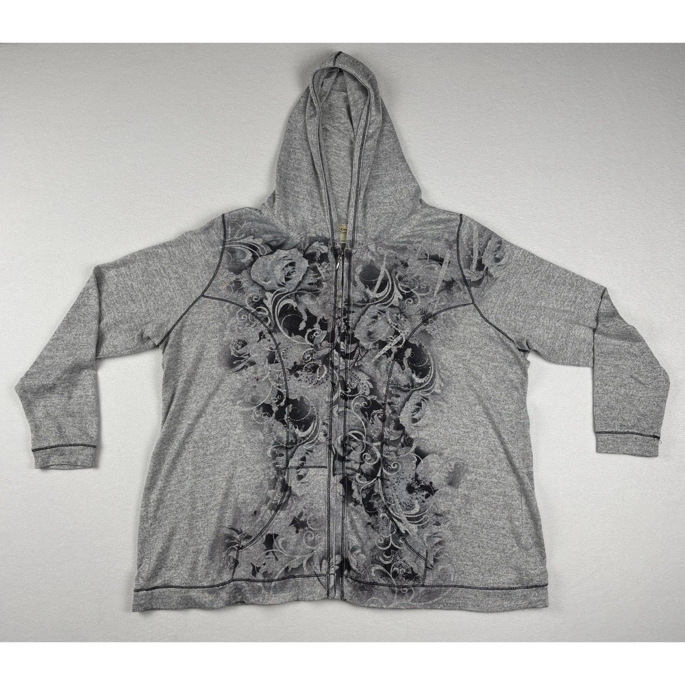 OneWorld Live and Let Live Floral Rhinestone‎ Zip Hoodie Gray Size 2X Y2K 2000s